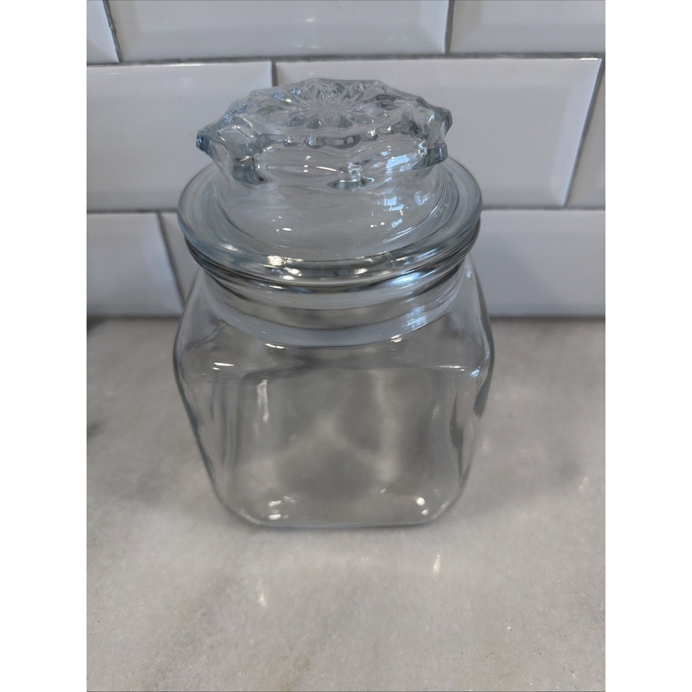 Vintage Anchor Hocking Glass Apothecary Dakota Jar Canister With Lid ES05